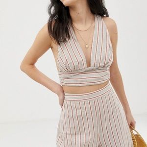 asos design linen stripe plunge neck top NWT